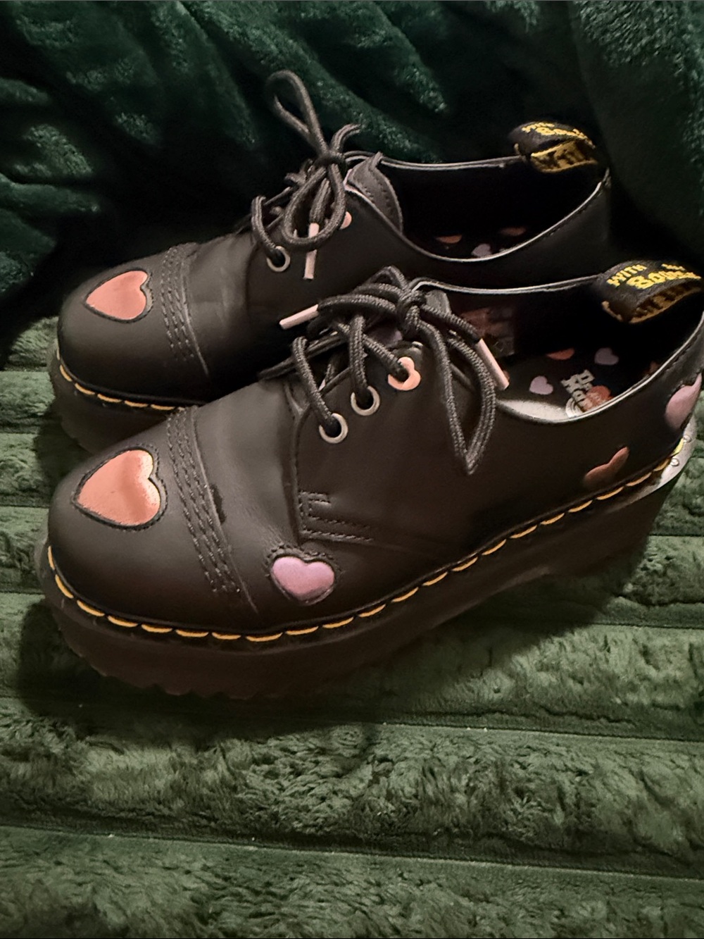 Dr. Martens Women’s Black Leather Heart Oxford Shoes - Pink Heart Detail - Picture 4 of 6